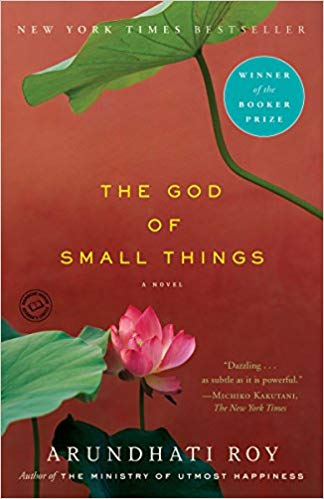 Cover of the novel "The God of Small Things" by Arundhati Roy, featuring a red and green background with a lotus flower and a green stem, highlighting its status as a New York Times Bestseller and Booker Prize Winner.