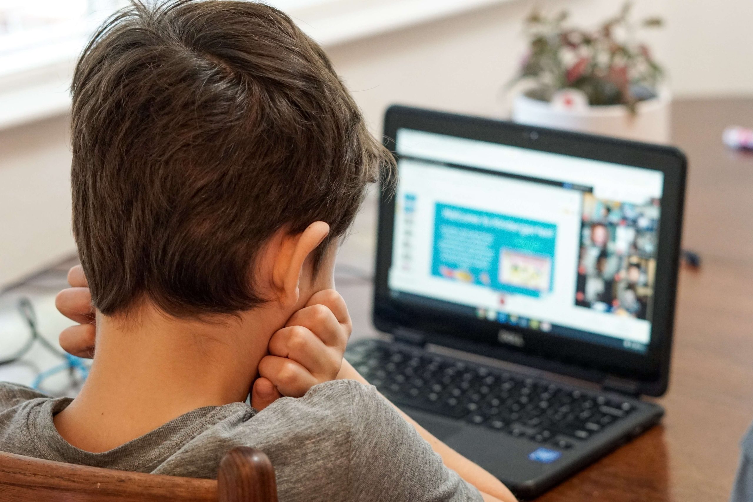 A young boy sitting at a wooden table, attentively watching an online class on a laptop screen, with a blurred virtual meeting and presentation visible on the screen.