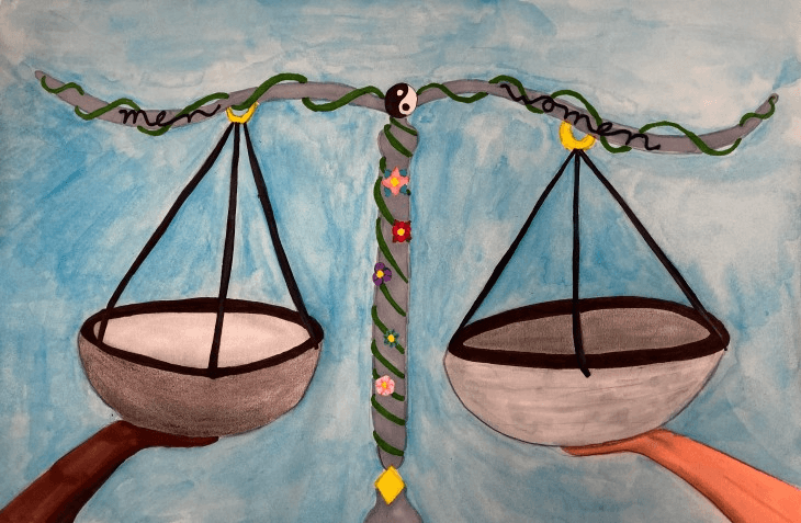 painted illustration of a balanced scale symbolizing equality between men and women. The scale is adorned with vines, flowers, and a yin-yang symbol at the center, with a blue background.